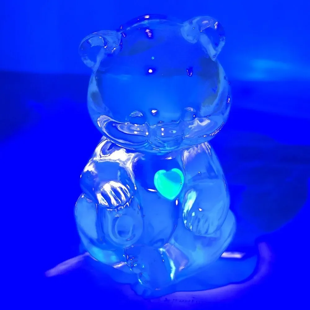 Fenton Art Glass Birthday Clear Teddy Bear August Green Uranium Heart